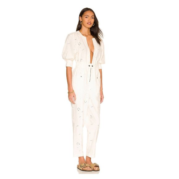 Free People Loving You Jumpsuit 26" / Medium / Ivory Floral Eyelet Embroidered - Picture 2 of 9